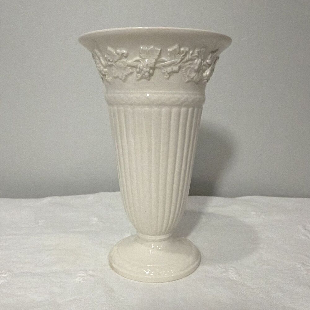 Wedgwood Embossed Queens Ware White Floral Trumpet Bud Vase 7 In